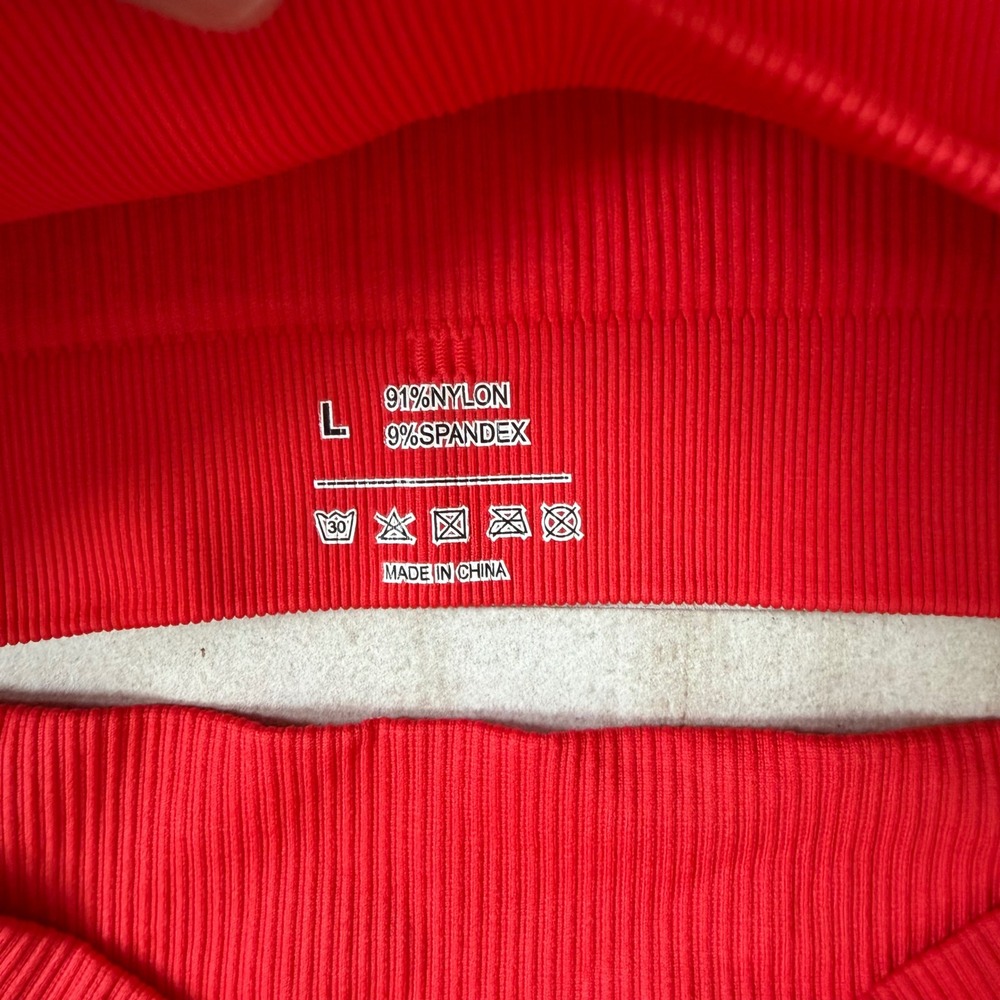 Red Ribbed Activewear Set V-Front High Waist Biker Shorts & Sports Bra Large - Picture 3 of 4